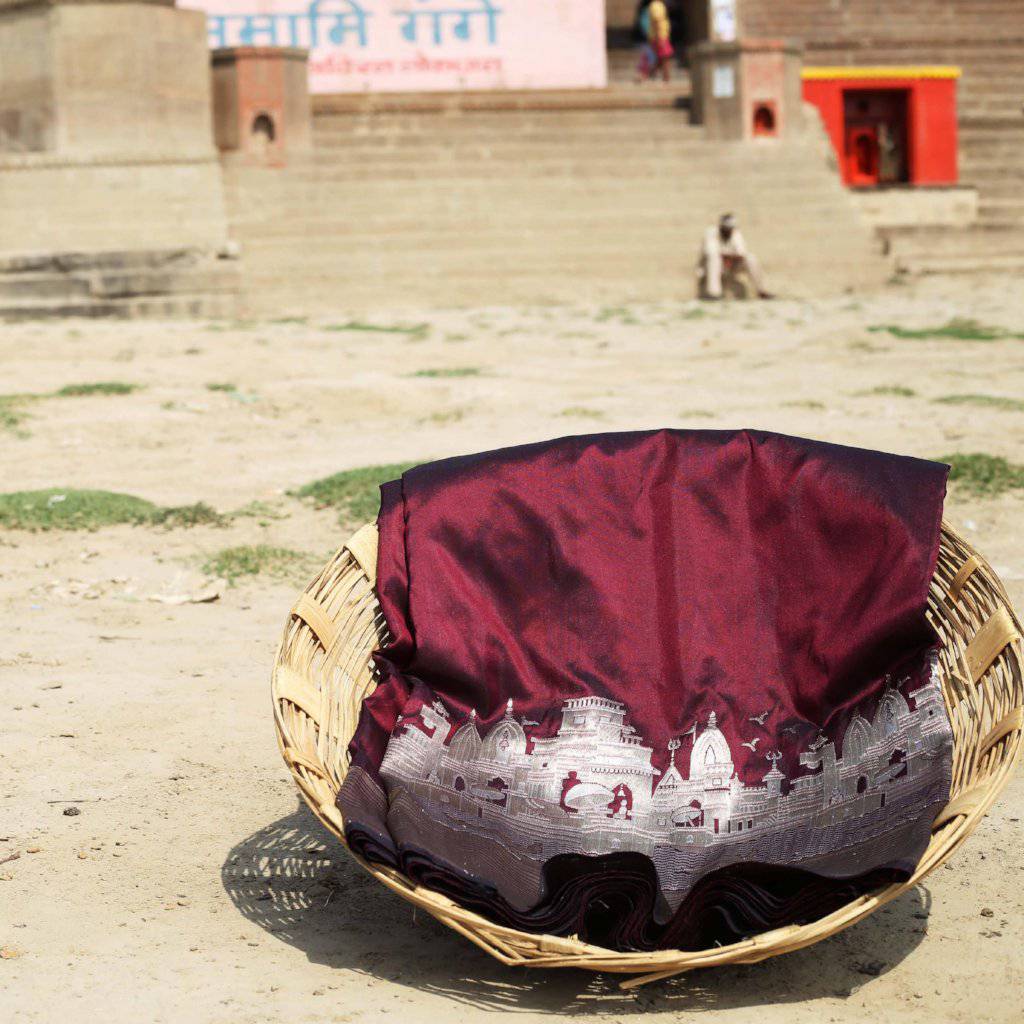 A mehroon pure Katan silk handwoven Banarasi saree — silk, the queen of fabrics.