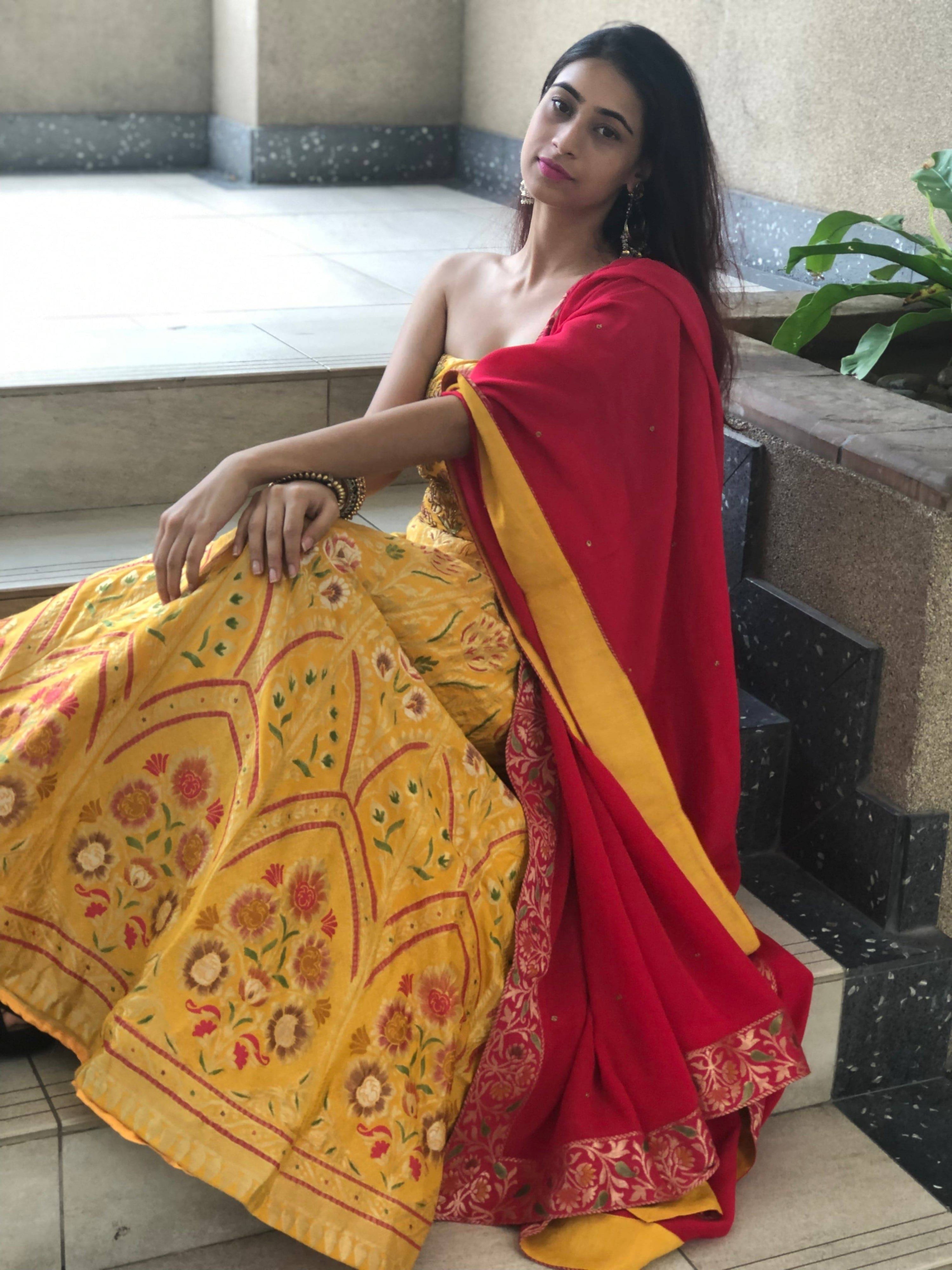 A yellow Moonga silk handloom Banarasi lehenga — dressing for a Haldi