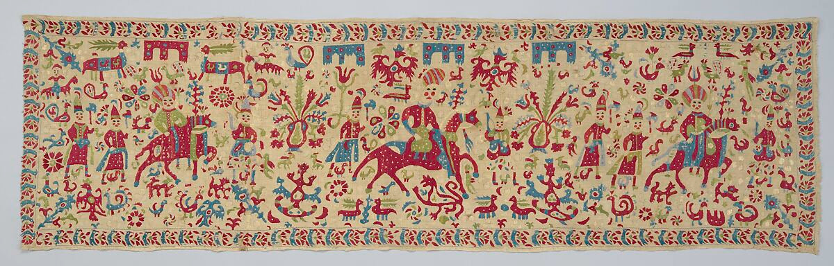A Greek Ionian-island embroidered valance with horsemen and birds. The Metropolitan Museum of Art (public domain)