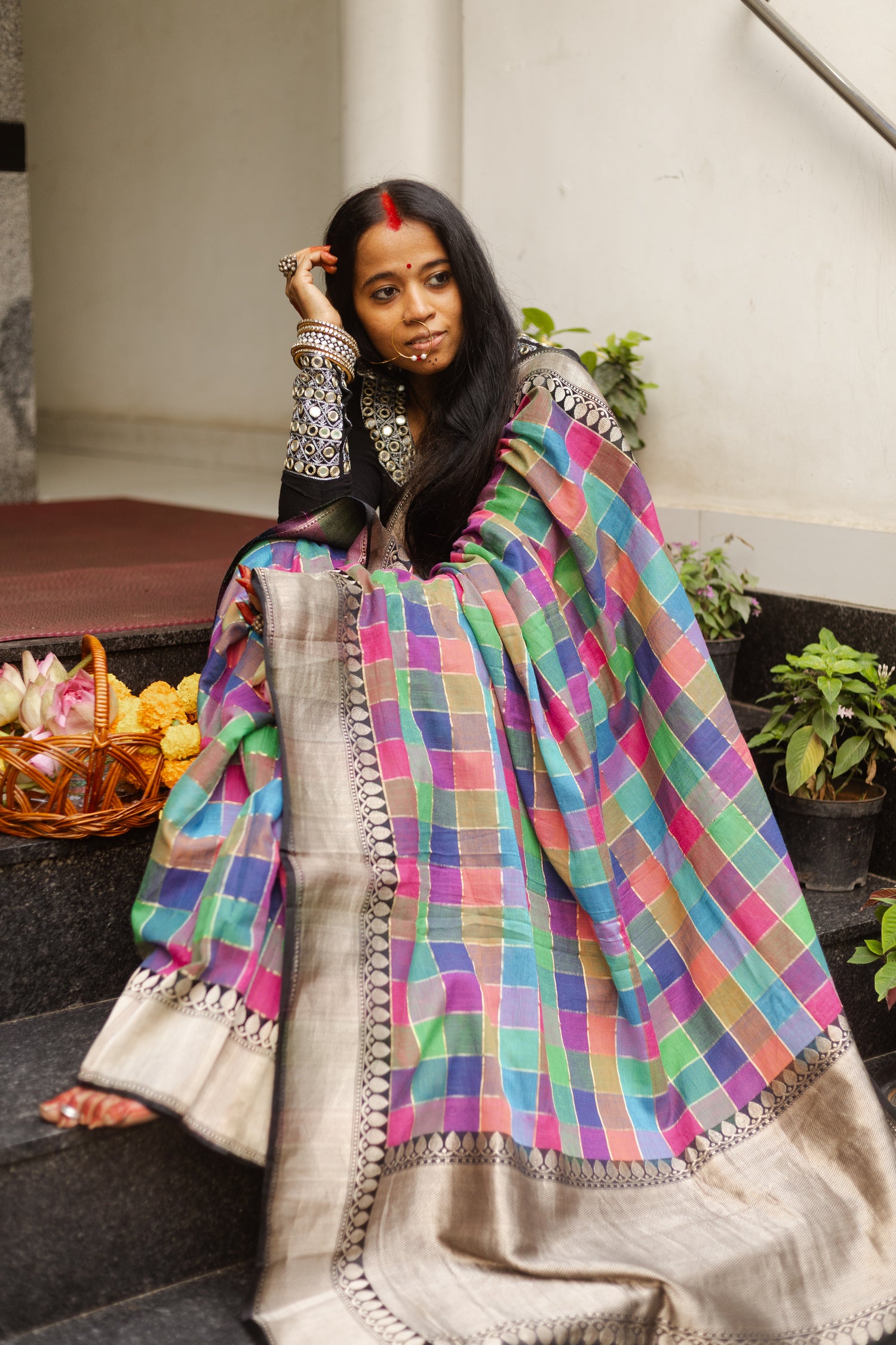 Banarasi Cotton Handwoven Saree in Multicolour Checks