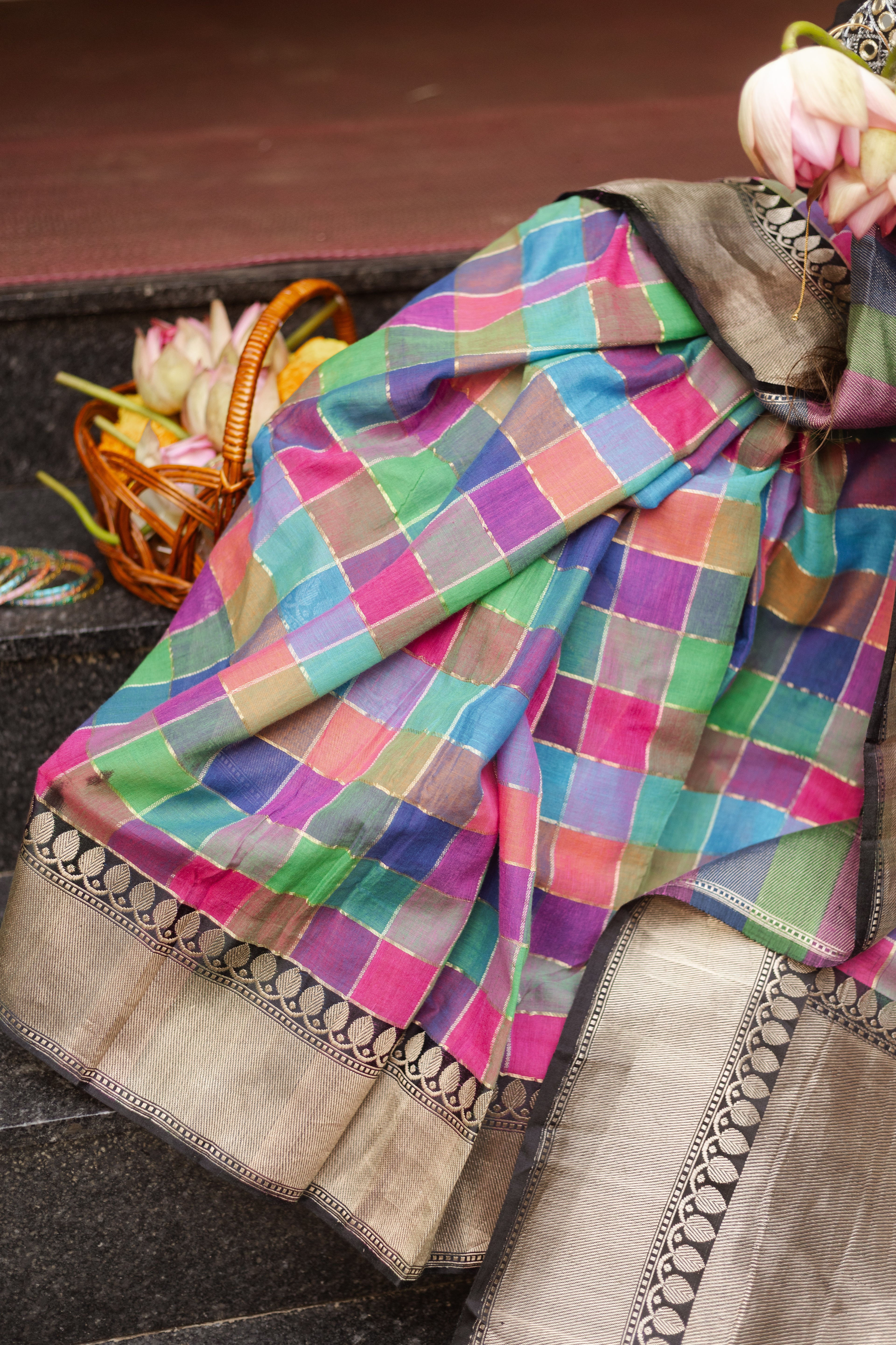 Banarasi Cotton Handwoven Saree in Multicolour Checks