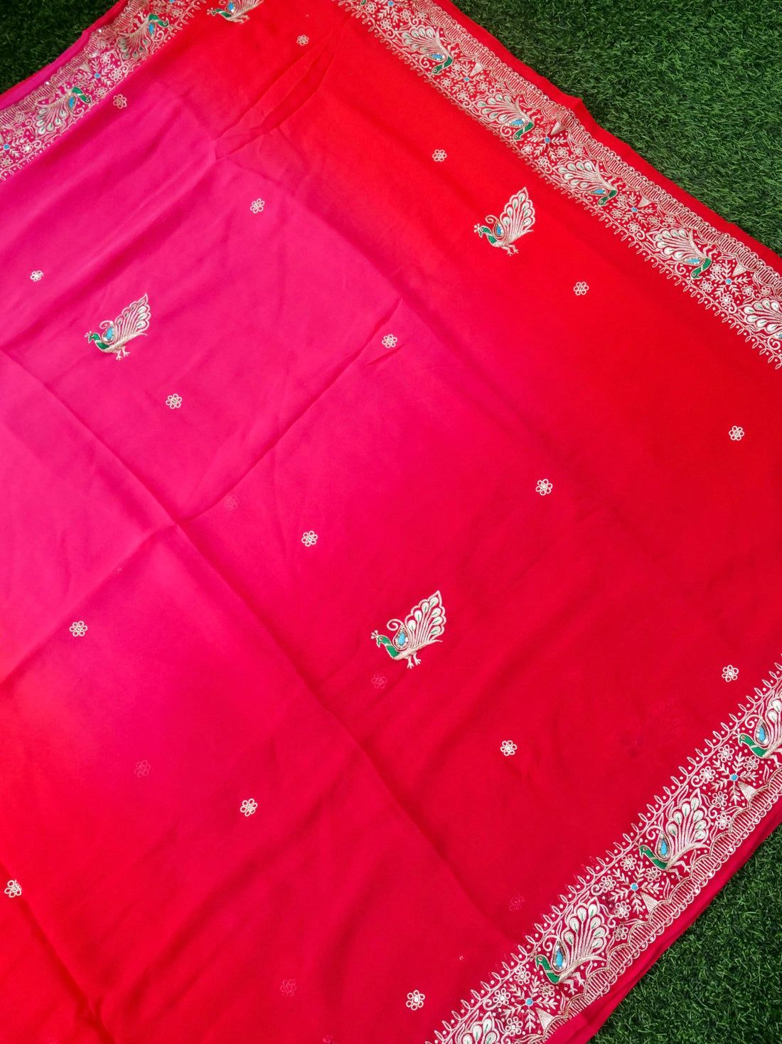 Hand Embroidered Georgette Saree in Pink-Red Ombre