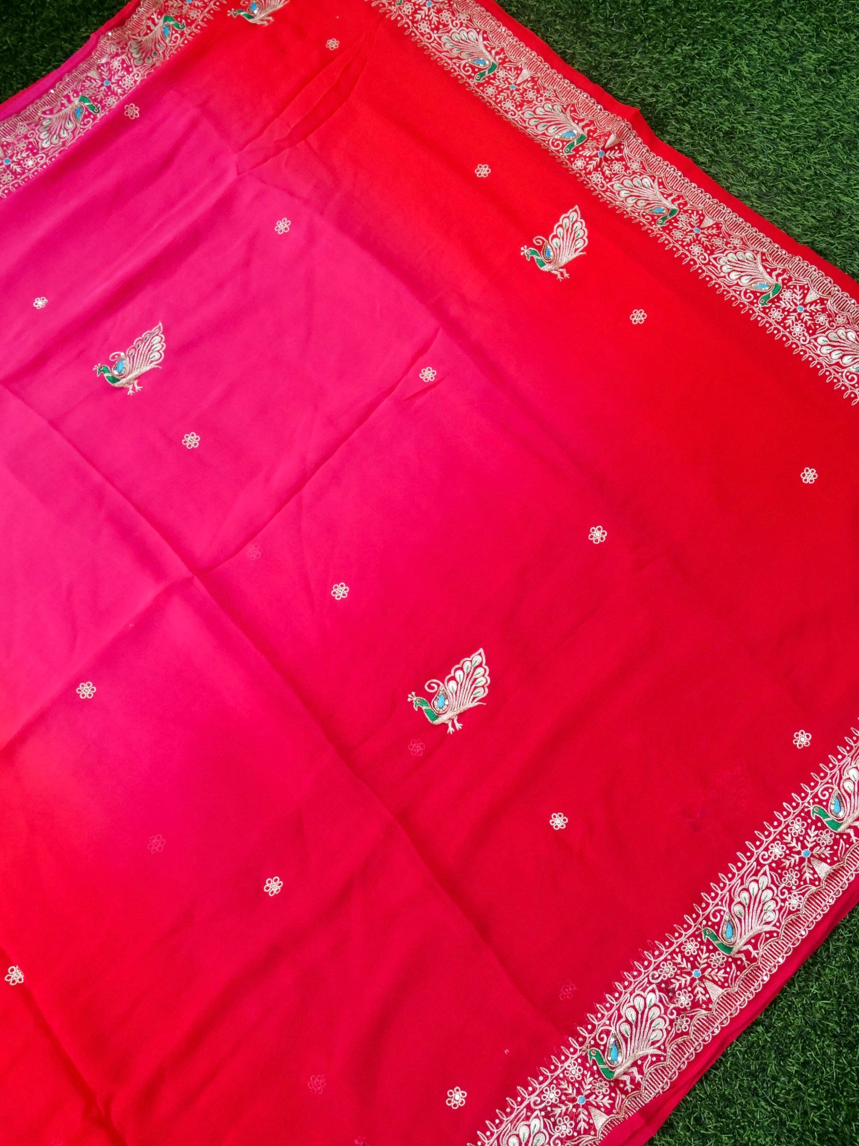 Hand Embroidered Georgette Saree in Pink-Red Ombre