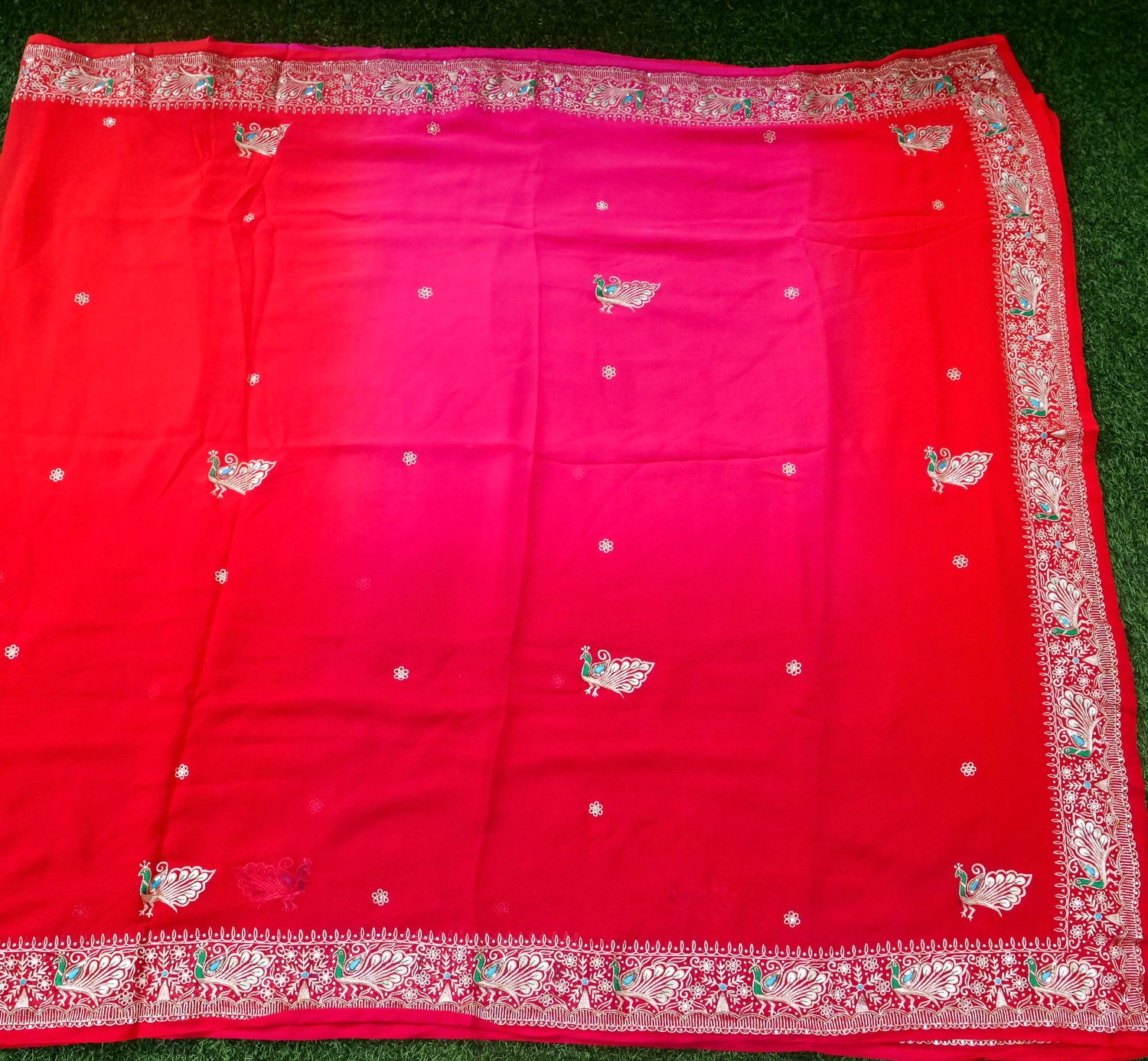 Hand Embroidered Georgette Saree in Pink-Red Ombre