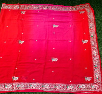 Hand Embroidered Georgette Saree in Pink-Red Ombre