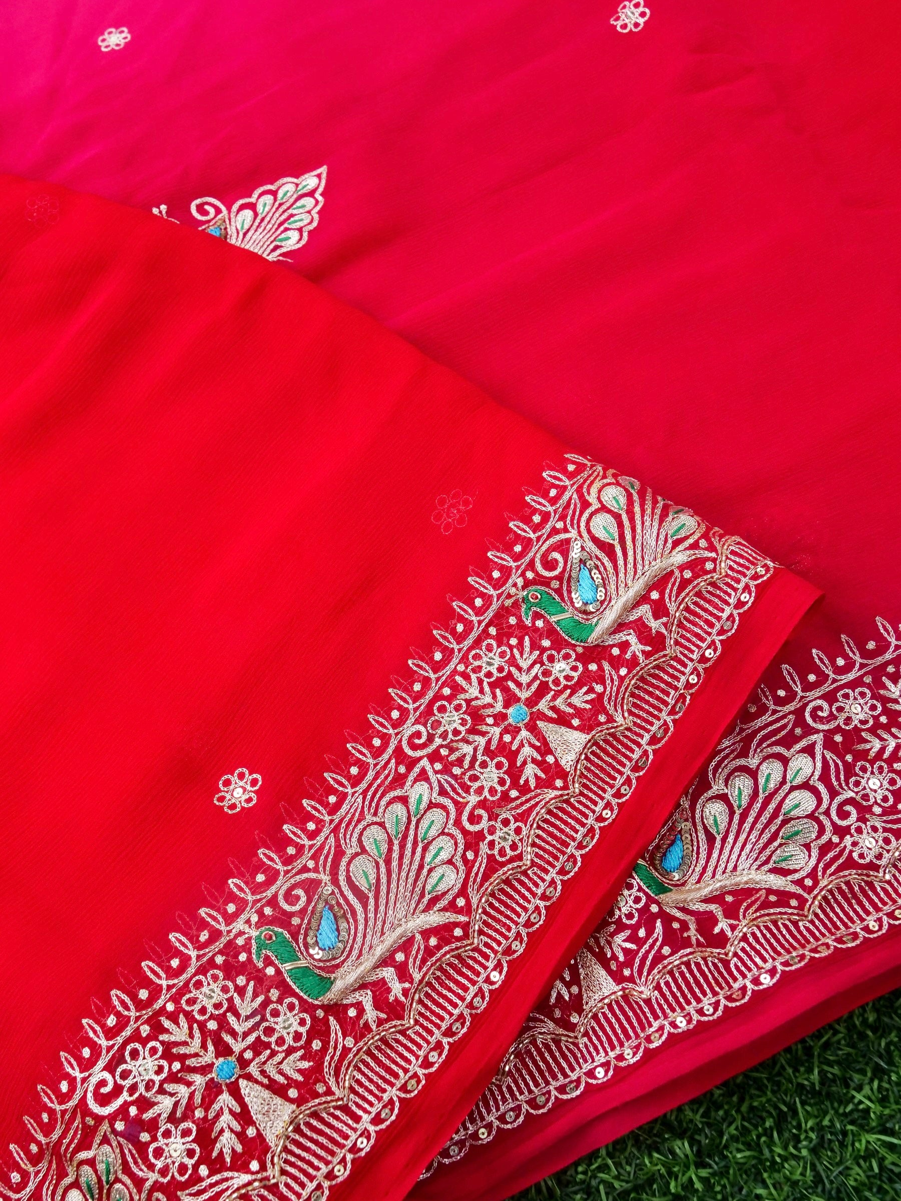 Hand Embroidered Georgette Saree in Pink-Red Ombre