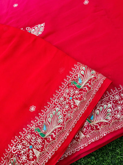 Hand Embroidered Georgette Saree in Pink-Red Ombre