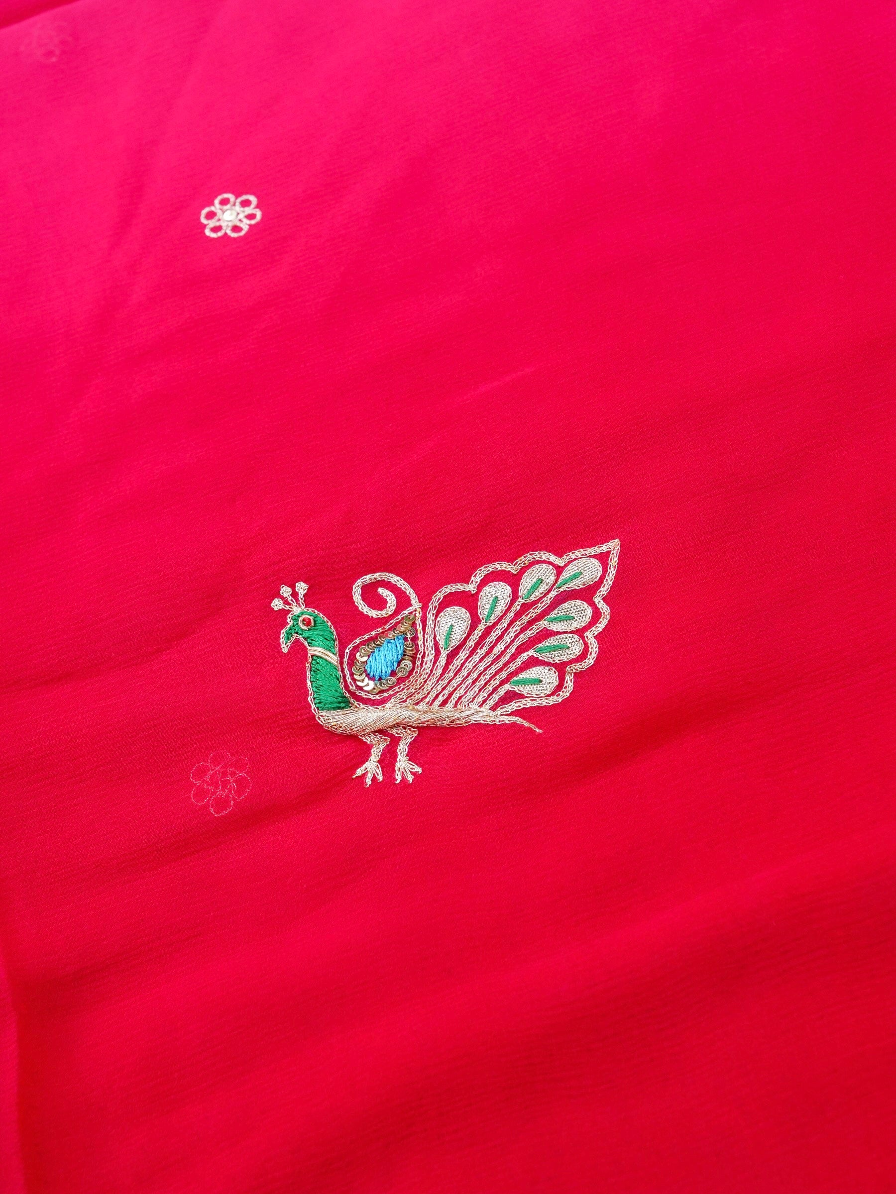Hand Embroidered Georgette Saree in Pink-Red Ombre