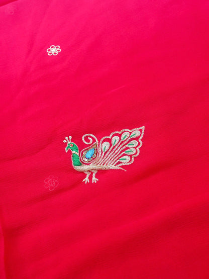 Hand Embroidered Georgette Saree in Pink-Red Ombre