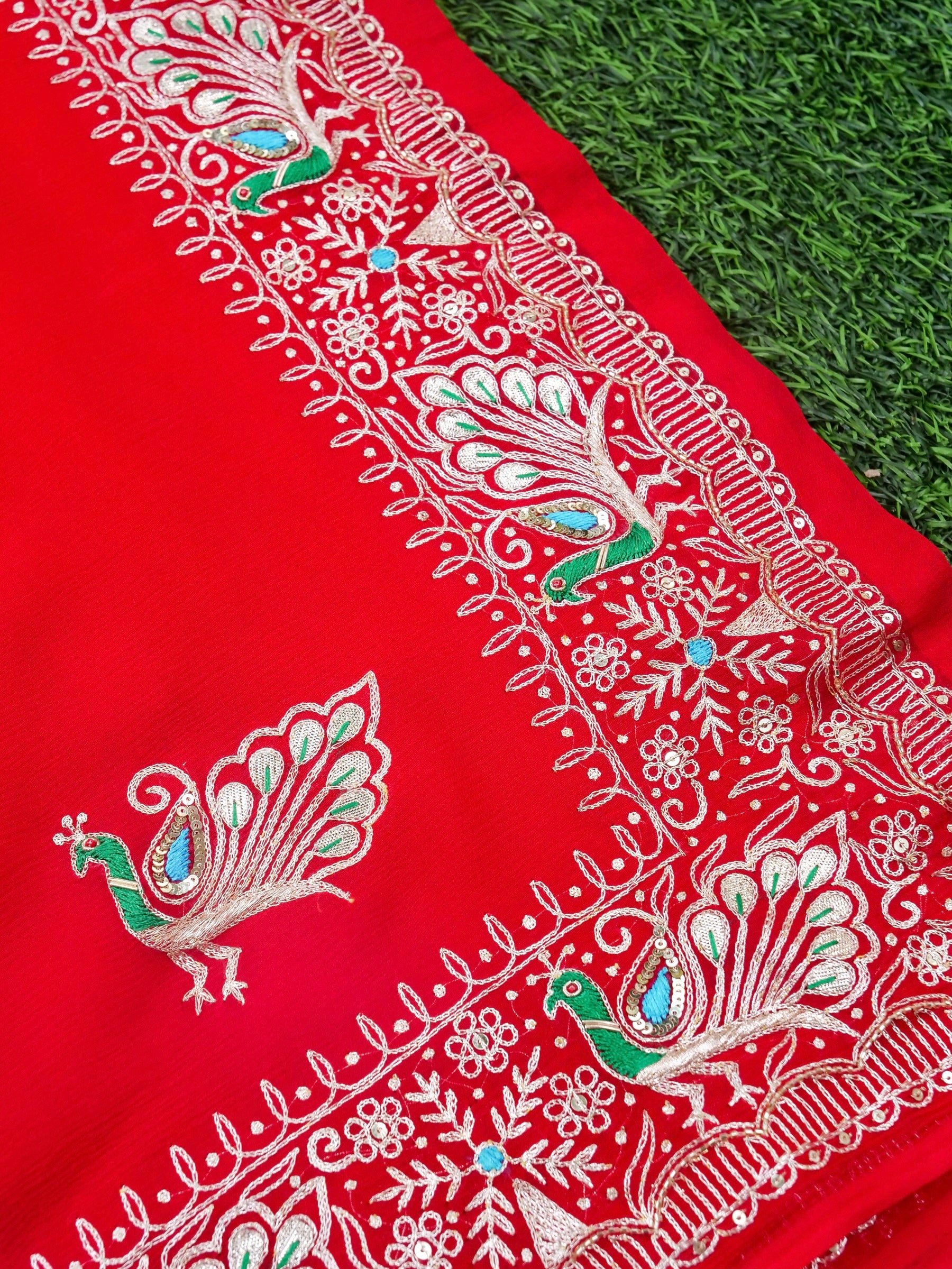 Hand Embroidered Georgette Saree in Pink-Red Ombre