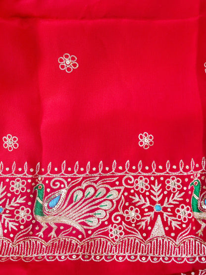 Hand Embroidered Georgette Saree in Pink-Red Ombre