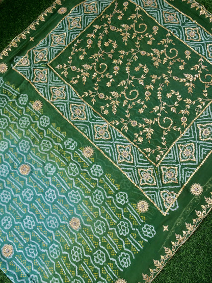 Banarasi Georgette Bandhani Saree with Gotta Patti in Peacock Green