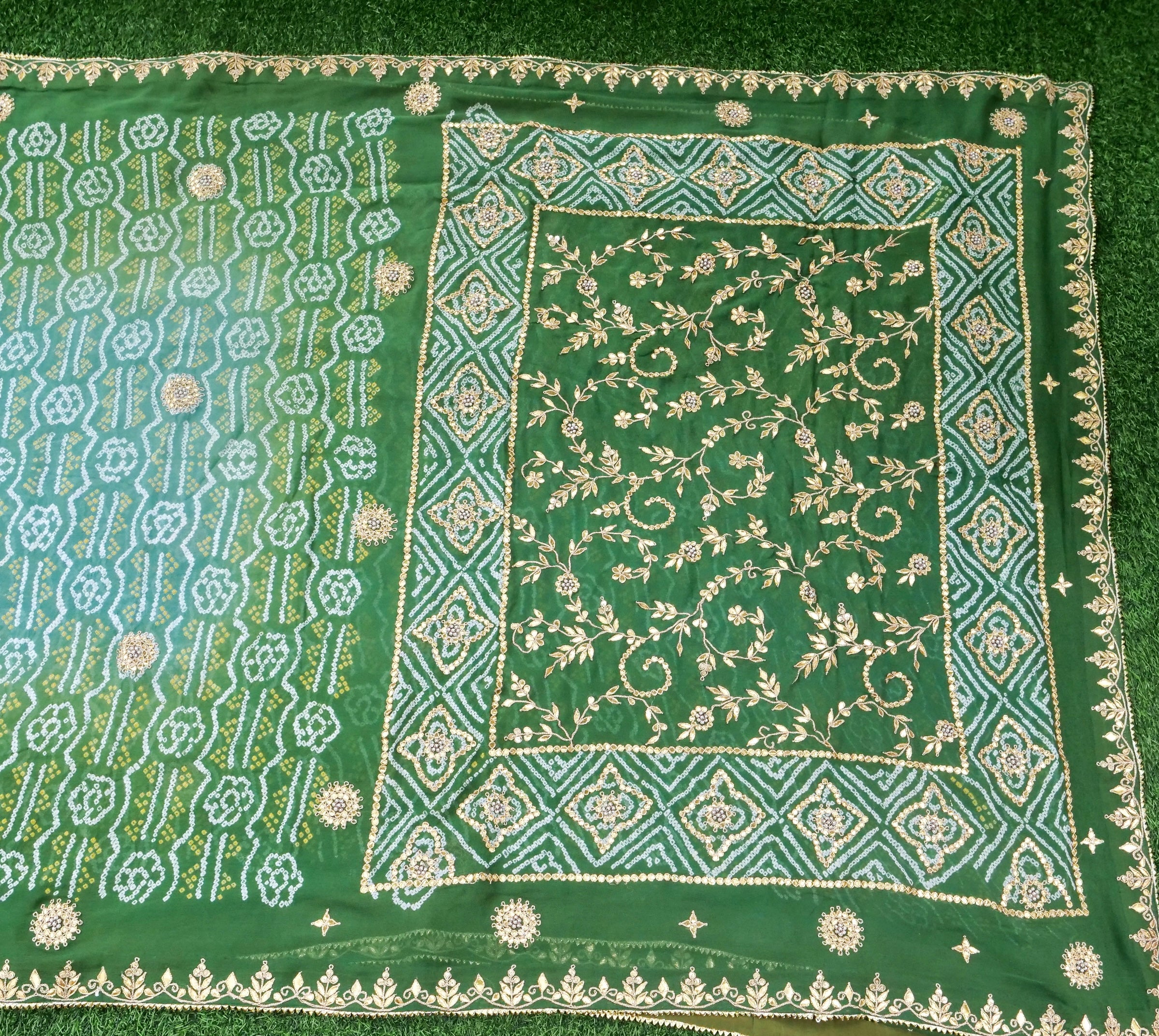 Banarasi Georgette Bandhani Saree with Gotta Patti in Peacock Green