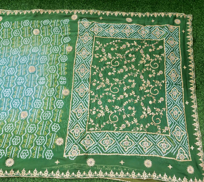Banarasi Georgette Bandhani Saree with Gotta Patti in Peacock Green