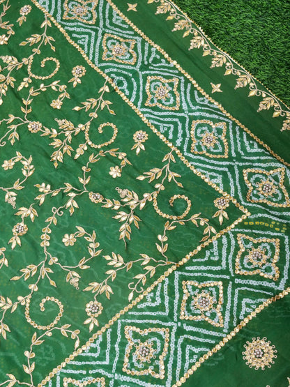 Banarasi Georgette Bandhani Saree with Gotta Patti in Peacock Green
