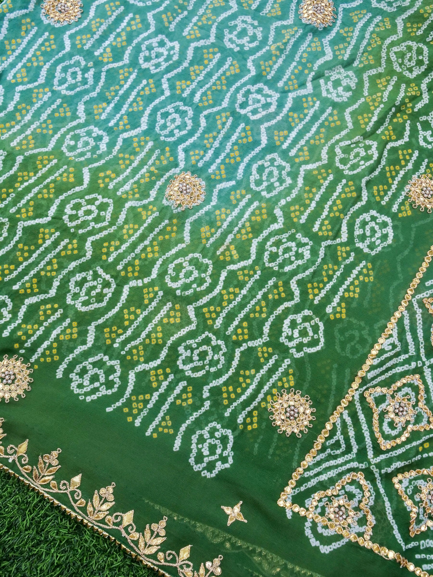 Banarasi Georgette Bandhani Saree with Gotta Patti in Peacock Green