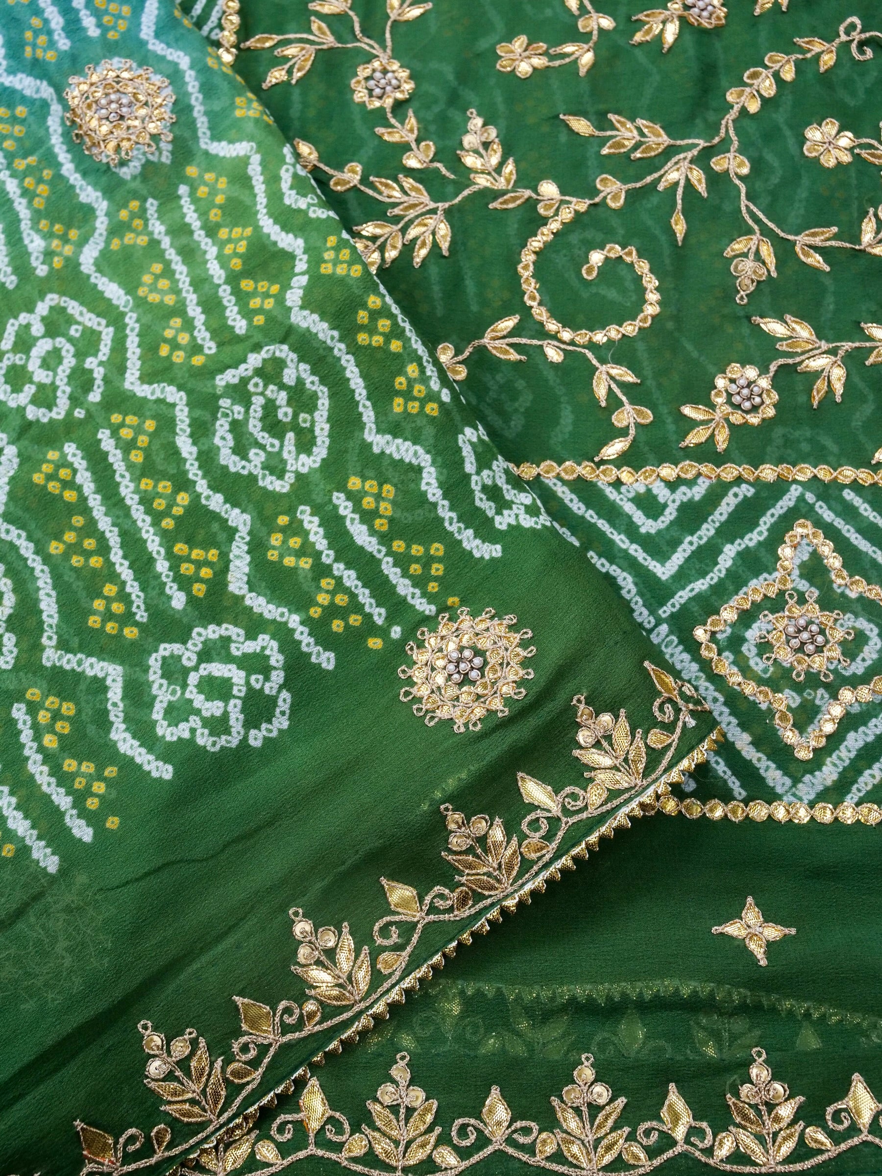 Banarasi Georgette Bandhani Saree with Gotta Patti in Peacock Green