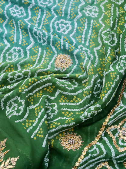 Banarasi Georgette Bandhani Saree with Gotta Patti in Peacock Green