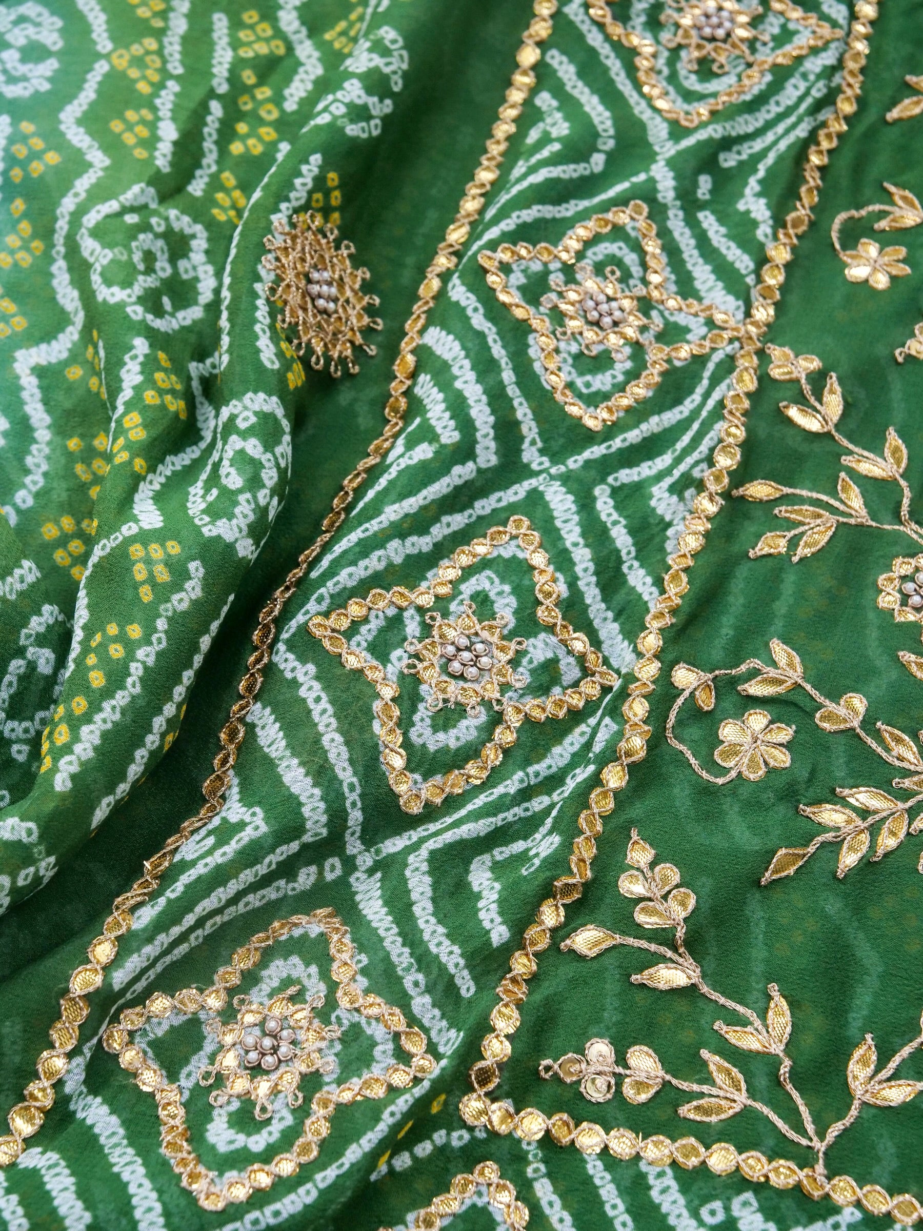 Banarasi Georgette Bandhani Saree with Gotta Patti in Peacock Green