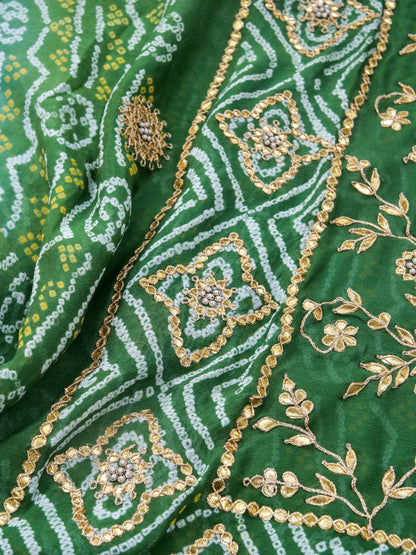 Banarasi Georgette Bandhani Saree with Gotta Patti in Peacock Green