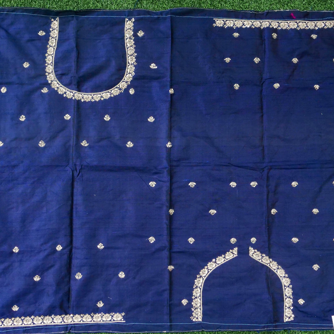 Hand Embroidered Raw Silk Blouse Fabric in Navy Blue