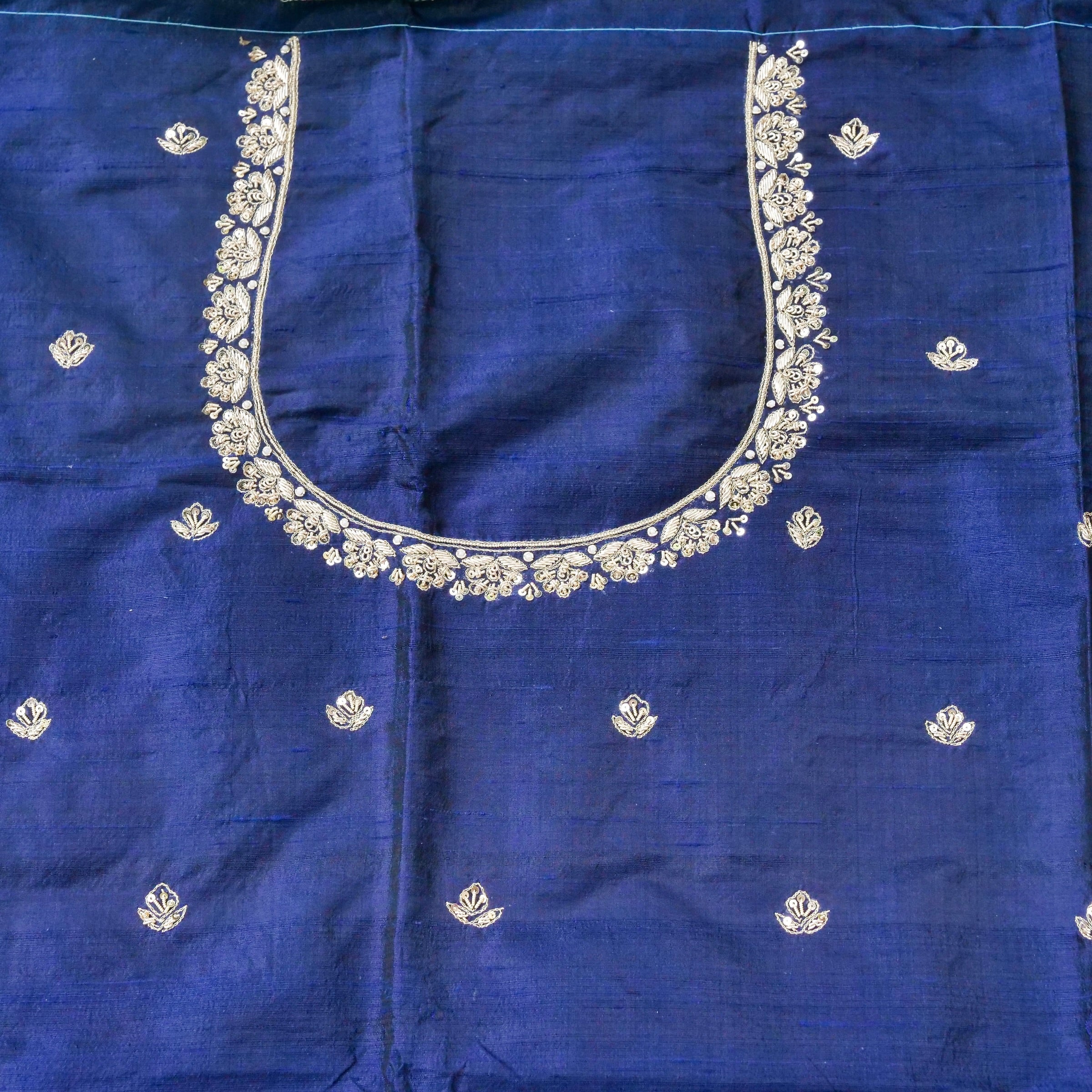 Hand Embroidered Raw Silk Blouse Fabric in Navy Blue