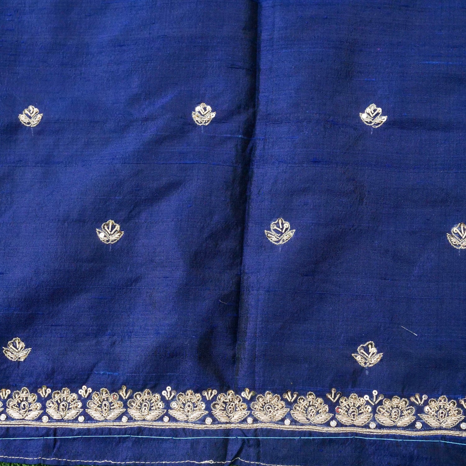 Hand Embroidered Raw Silk Blouse Fabric in Navy Blue