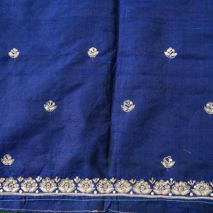 Hand Embroidered Raw Silk Blouse Fabric in Navy Blue