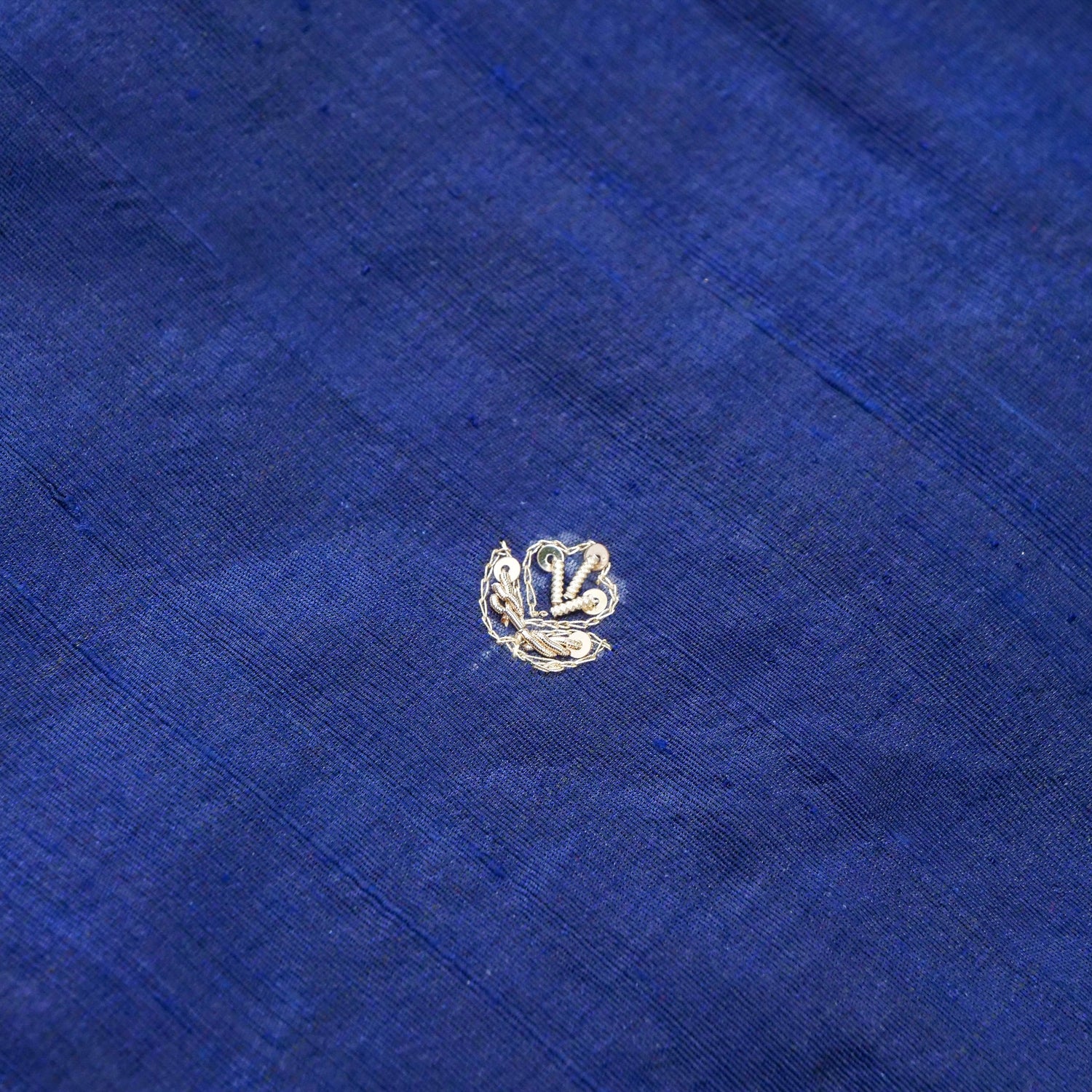 Hand Embroidered Raw Silk Blouse Fabric in Navy Blue