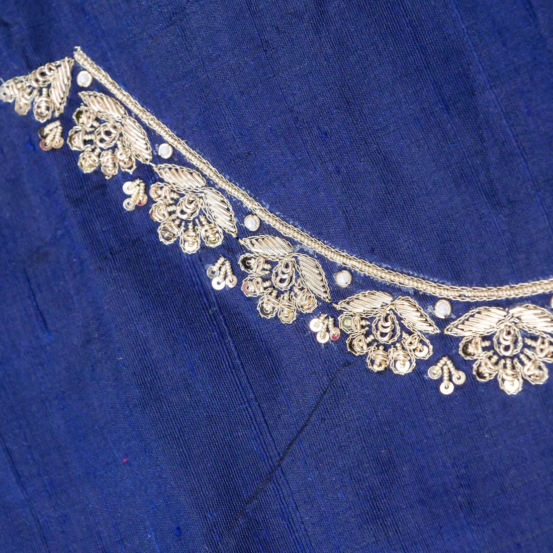 Hand Embroidered Raw Silk Blouse Fabric in Navy Blue