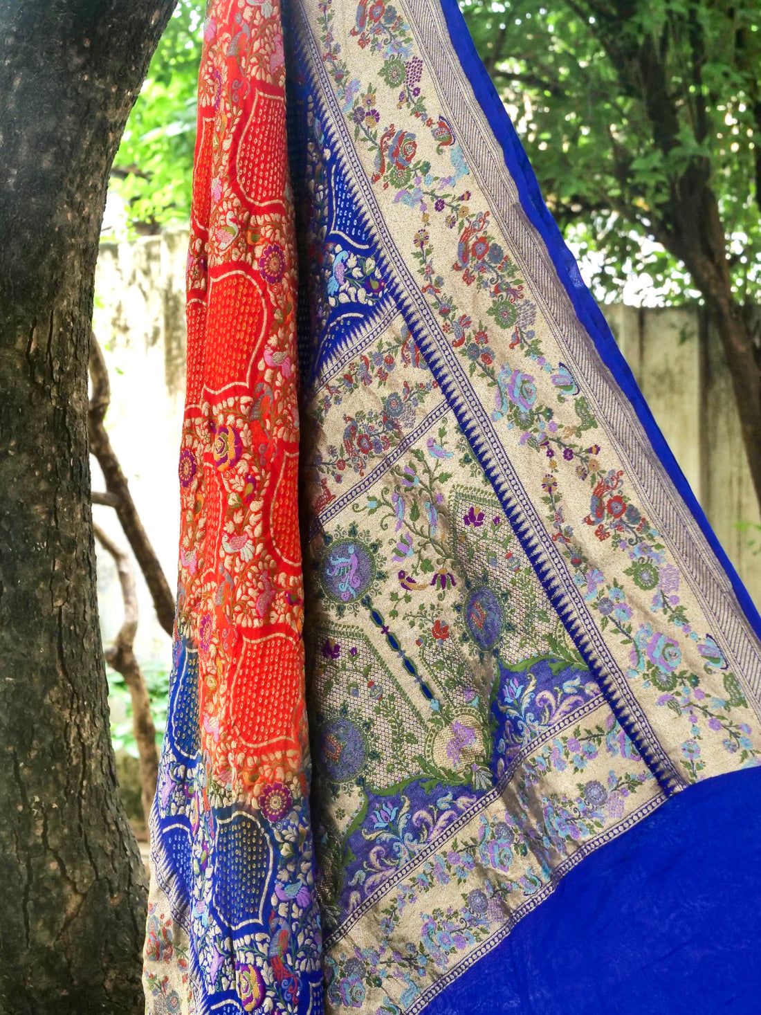Bandhani Banarasi Georgette Dupatta in Orange Blue Ombre