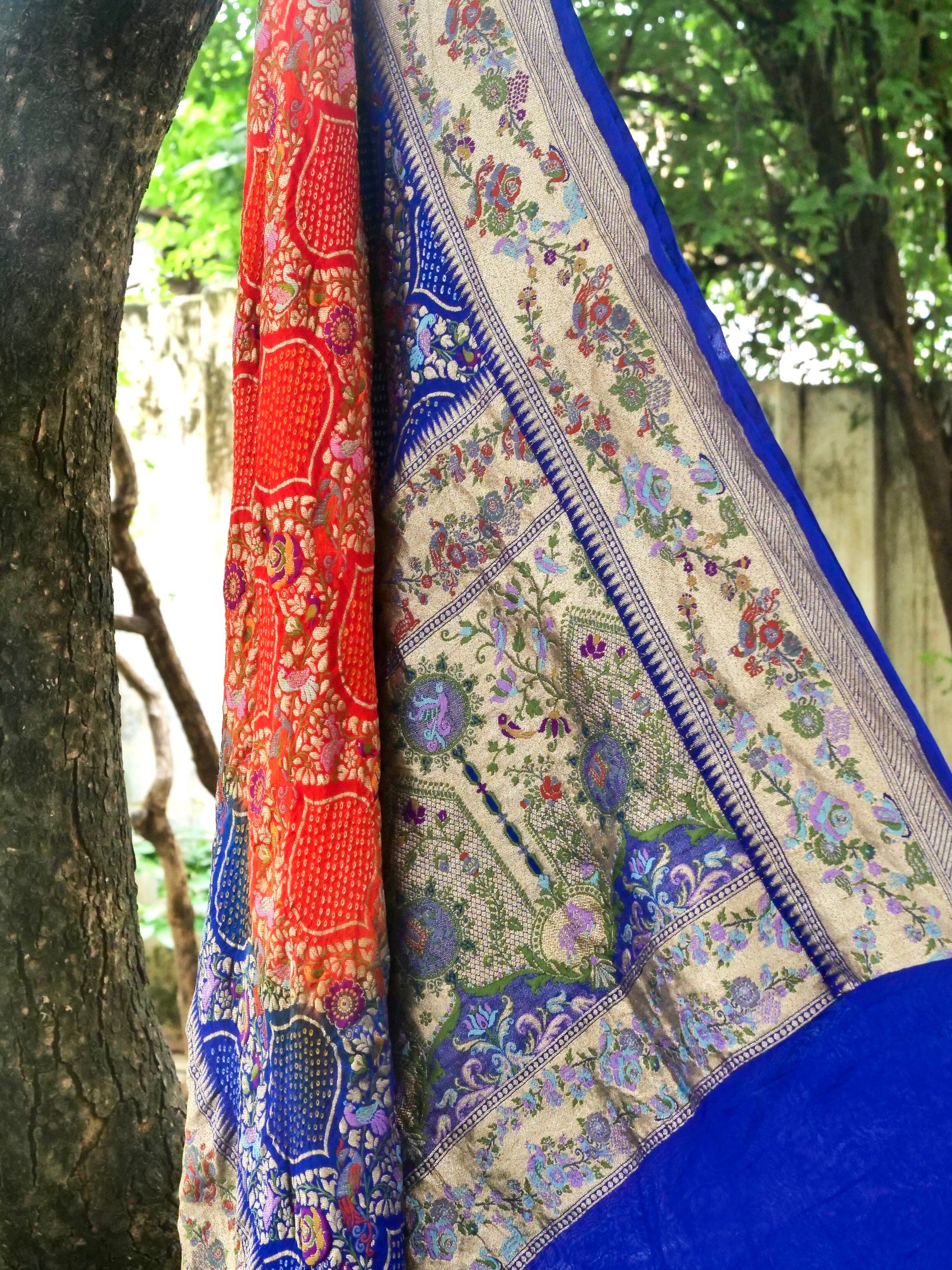 Bandhani Banarasi Georgette Dupatta in Orange Blue Ombre