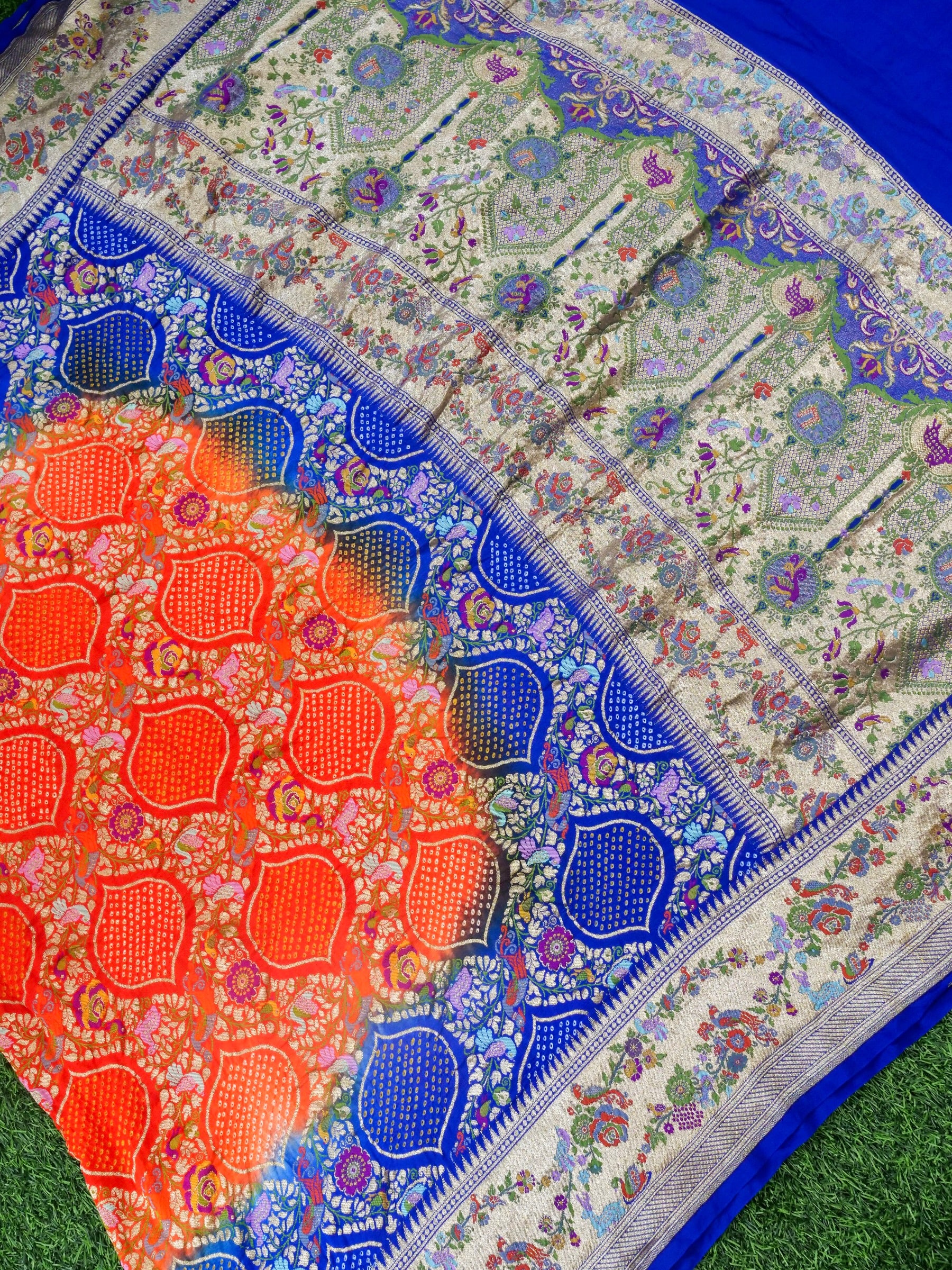 Bandhani Banarasi Georgette Dupatta in Orange Blue Ombre