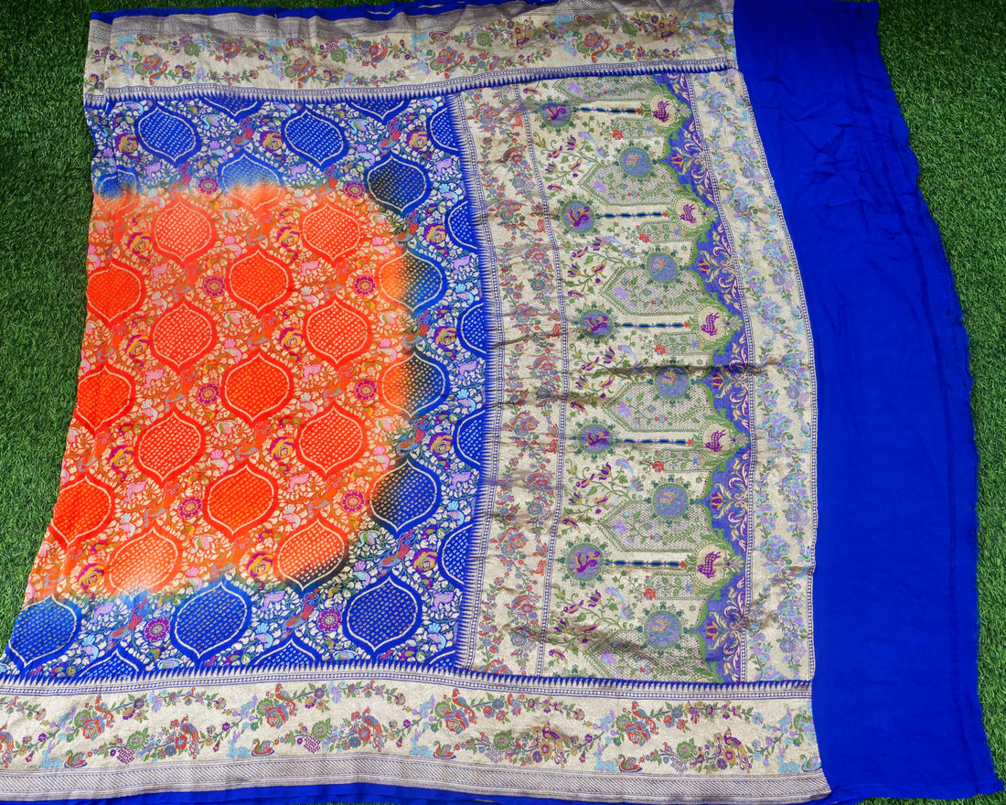Bandhani Banarasi Georgette Dupatta in Orange Blue Ombre