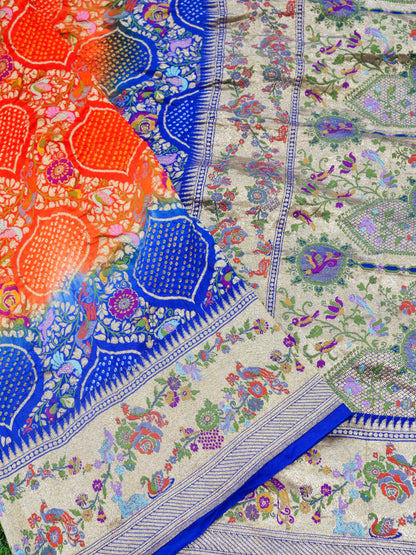 Bandhani Banarasi Georgette Dupatta in Orange Blue Ombre