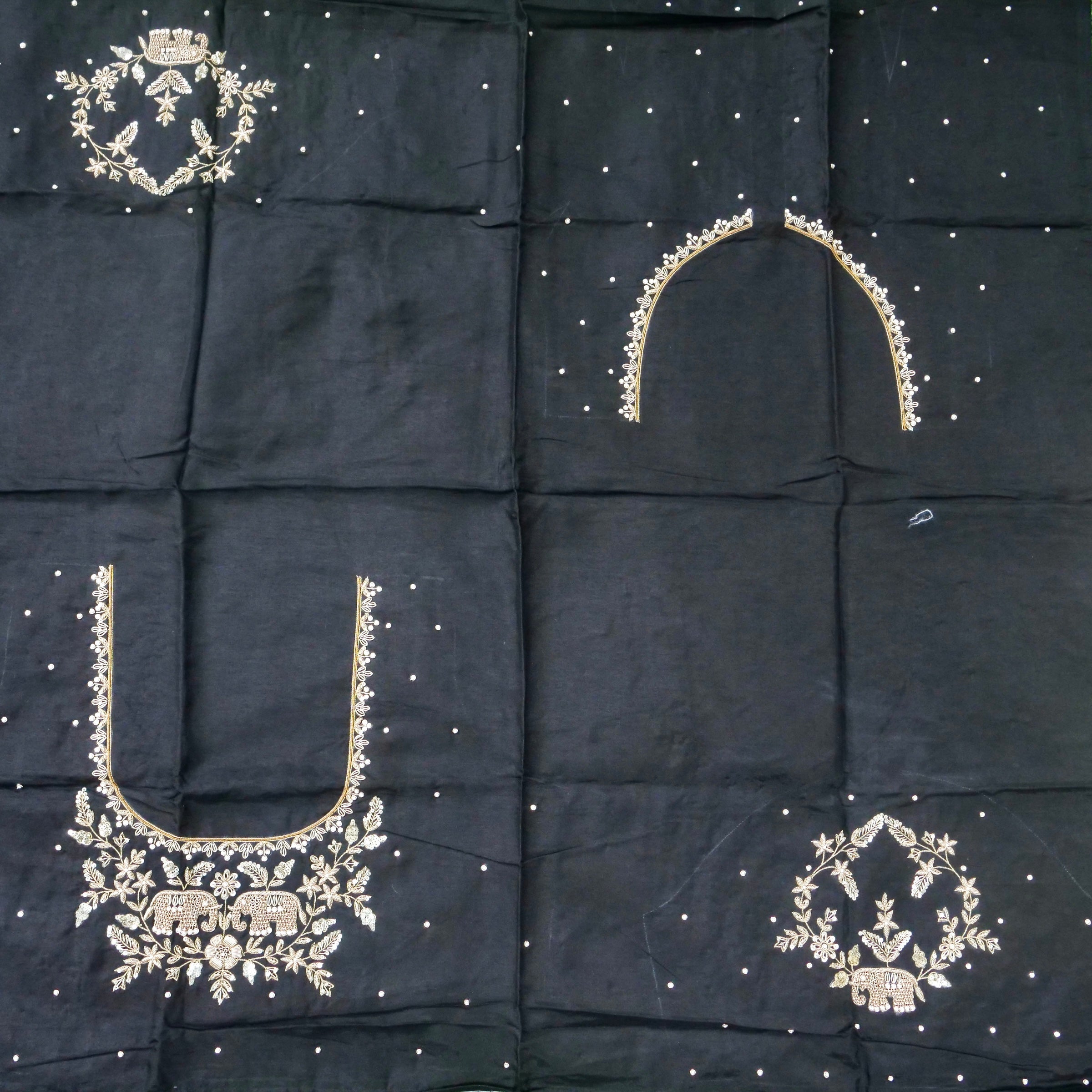 Hand Embroidered Raw Silk Blouse Fabric in Charcoal Black