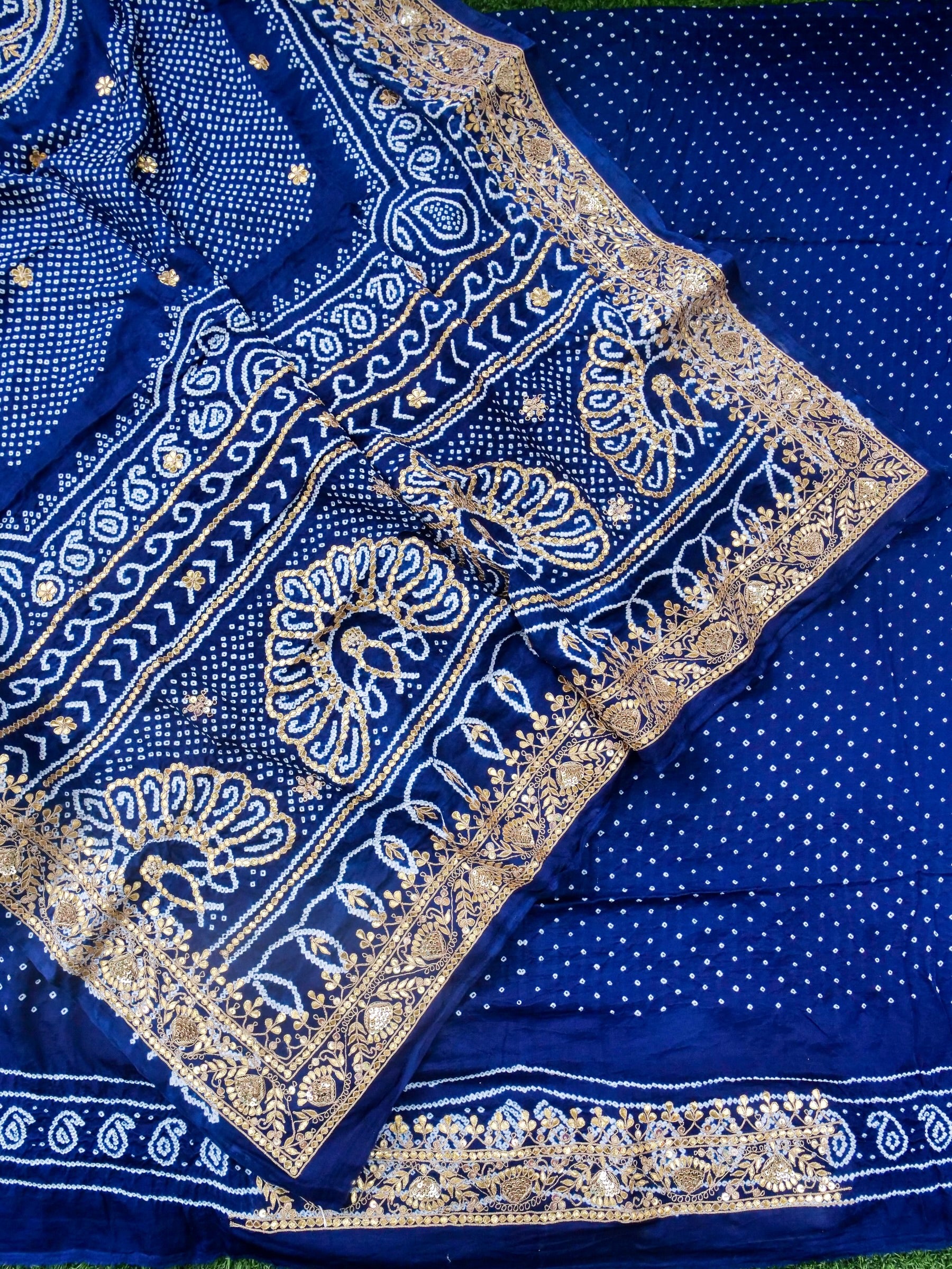 Hand Embroidered Bandhani Gajji Silk Suit Set in Navy Blue