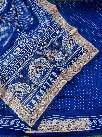 Hand Embroidered Bandhani Gajji Silk Suit Set in Navy Blue