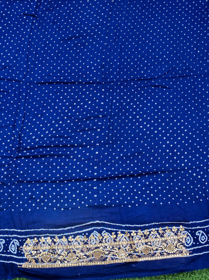 Hand Embroidered Bandhani Gajji Silk Suit Set in Navy Blue