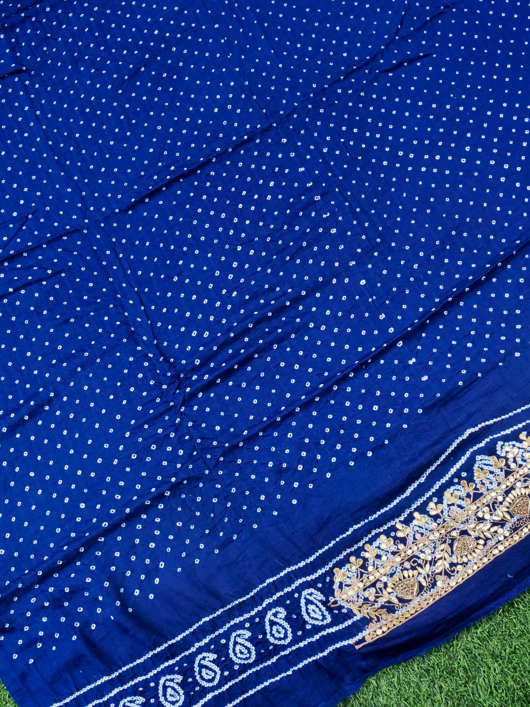 Hand Embroidered Bandhani Gajji Silk Suit Set in Navy Blue