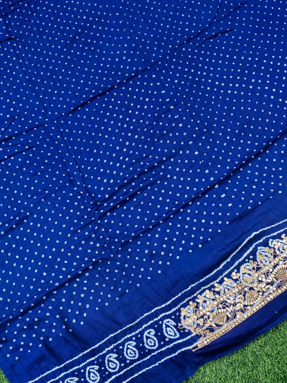 Hand Embroidered Bandhani Gajji Silk Suit Set in Navy Blue