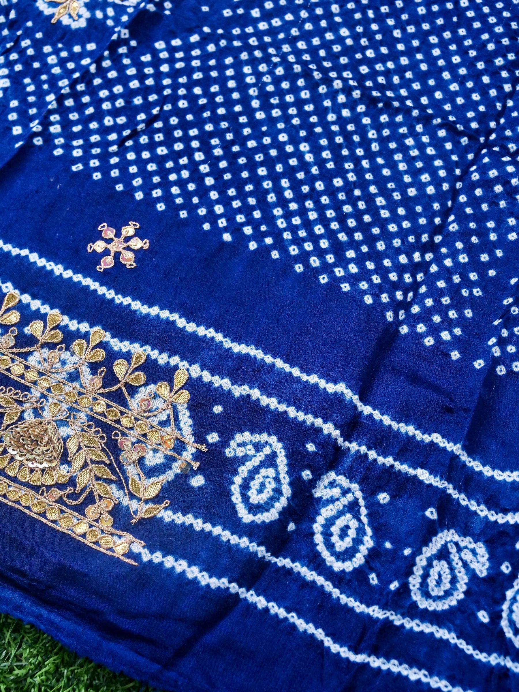 Hand Embroidered Bandhani Gajji Silk Suit Set in Navy Blue