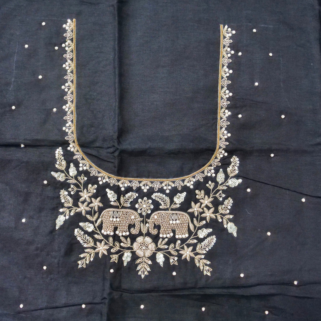 Hand Embroidered Raw Silk Blouse Fabric in Charcoal Black