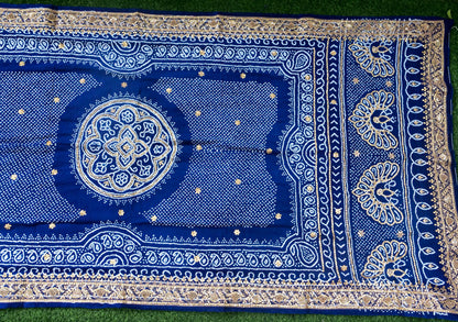 Hand Embroidered Bandhani Gajji Silk Suit Set in Navy Blue