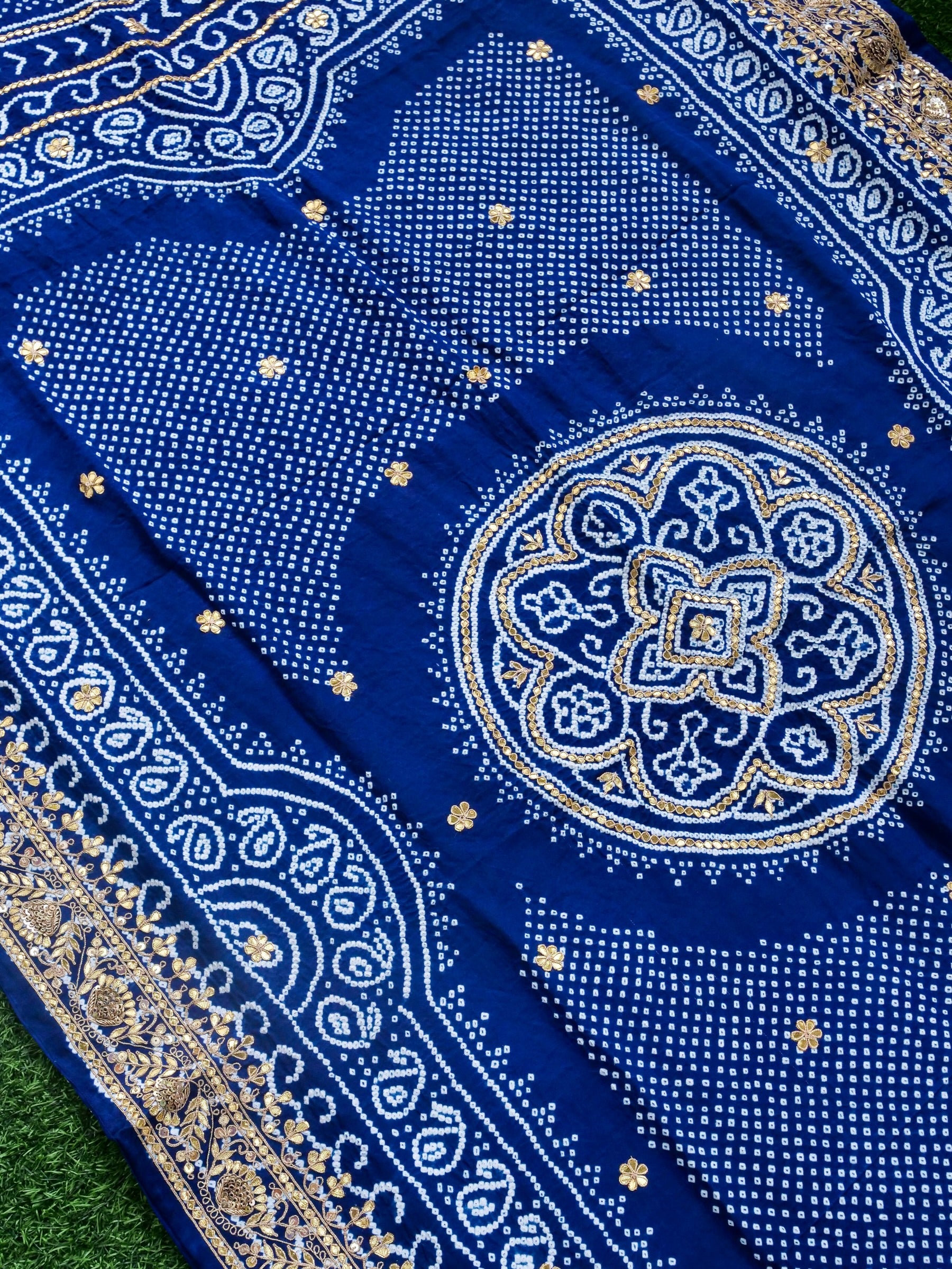 Hand Embroidered Bandhani Gajji Silk Suit Set in Navy Blue