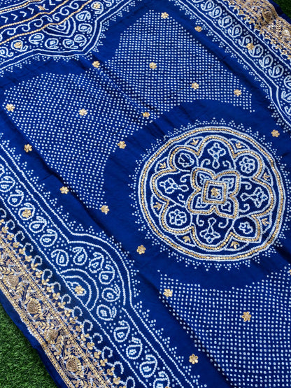 Hand Embroidered Bandhani Gajji Silk Suit Set in Navy Blue