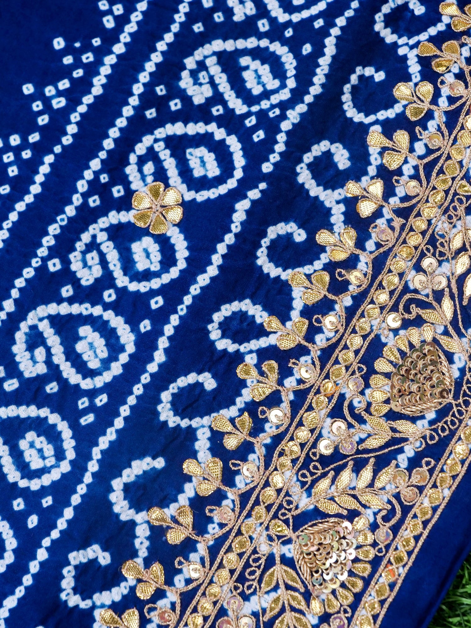 Hand Embroidered Bandhani Gajji Silk Suit Set in Navy Blue