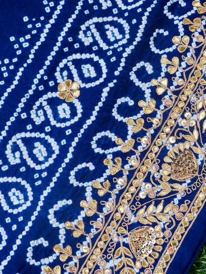 Hand Embroidered Bandhani Gajji Silk Suit Set in Navy Blue