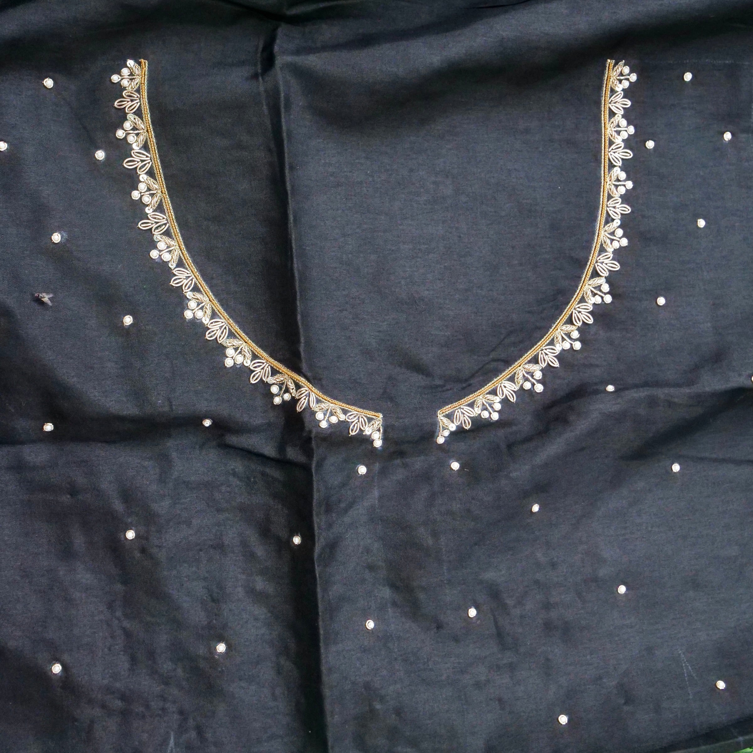 Hand Embroidered Raw Silk Blouse Fabric in Charcoal Black