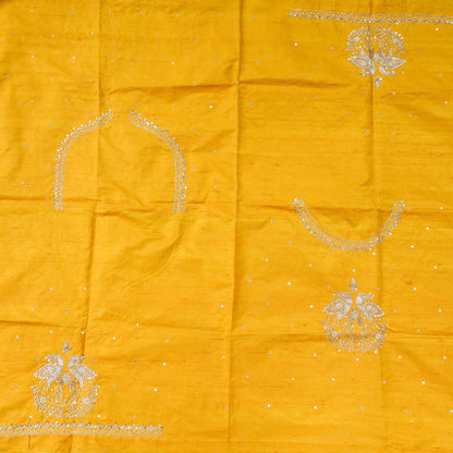 Hand Embroidered Raw Silk Blouse Fabric in Mustard Yellow